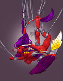2_horns anthro areola arms_tied bdsm bondage bound breasts butt claws digitigrade ear_piercing ear_ring entangled eyelashes feathered_wings feathers feet female finger_claws fist fur green_eyes hair horn legs_tied legs_up markings medium_breasts muzzle_(object) muzzled nipples non-mammal_breasts pawpads piercing purple_body purple_feathers purple_fur purple_hair red_body red_fur red_pawpads ring_piercing simple_background solo spider_web suspension tail tail_tuft teeth toe_claws tuft white_claws white_horn wings wings_tied yellow_body yellow_feathers yellow_fur yellow_markings ammylin mythology erica_(tomcio1992) dragon furred_dragon furred_scalie mythological_creature mythological_scalie scalie 2017 hi_res