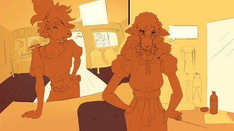 accessory anthro barber barber_shears belt breasts duo ear_piercing ear_ring eyewear female glasses headband piercing ring_piercing speech_bubble stylized_shading wetchop lori_(wetchop) bovid caprine mammal sheep hi_res restricted_palette