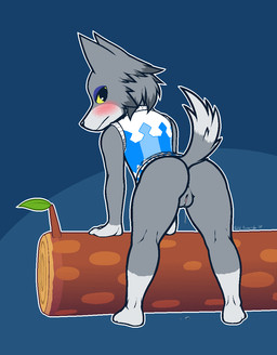 anthro bent_over black_nose blue_background blush bodily_fluids bottomless butt clothed clothing crossgender female fur genital_fluids genitals grey_body grey_fur log looking_at_viewer looking_back mtf_crossgender multicolored_body multicolored_fur partially_clothed presenting presenting_vulva raised_tail shortstack shortstack_female simple_background solo sweater tail topwear vaginal_fluids vulva white_body white_fur wood yellow_eyes dakkpasserida animal_crossing nintendo fang_(animal_crossing) canid canine canis mammal wolf 2017 aliasing digital_media_(artwork) flat_colors hi_res
