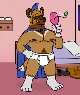 anthro ball bedroom black_nose briefs brown_body brown_fur cape clothed clothing eyewear fur glasses male monotone_briefs monotone_clothing monotone_underwear muscular muscular_male navel nipples open_mouth open_smile pillow red_eyewear red_glasses roman_helmet smile solo table_tennis_ball table_tennis_paddle teeth_showing tighty_whities topless topless_anthro topless_male underwear waistband_stripe white_briefs white_clothing white_pillow white_underwear eddicus andrew_(eddicus) hi_res