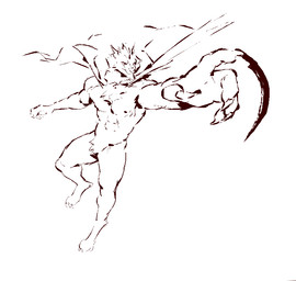 5_fingers anthro biped cape cape_only chest_tuft claws clothing digitigrade finger_claws fingers foreshortening front_view male mostly_nude nipples simple_background snout solo toe_claws tuft white_background kingarthur_i canid mammal 2023 brown_and_white digital_drawing_(artwork) digital_media_(artwork) full-length_portrait line_art monochrome portrait sketch