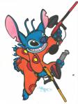 4_arms 4_fingers antennae_(anatomy) black_eyes blue_body blue_claws blue_fur blue_nose canister_(object) claws clothed clothing dipstick_antennae dual_wielding fingers fur head_tuft holding_object holding_weapon multi_arm multicolored_antennae multi_limb notched_ear open_mouth open_smile paintball_gun ranged_weapon simple_background smile solo spacesuit toe_claws tuft weapon white_background stazik disney lilo_and_stitch stitch_(lilo_and_stitch) alien experiment_(lilo_and_stitch) 2015 hi_res marker_(artwork) signature traditional_media_(artwork)