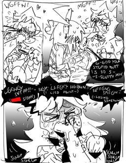 anal anal_fisting anal_penetration anthro ass_to_mouth begging begging_to_stop blood blood_spray blush bodily_fluids bottomwear clothing collar_tag covering covering_mouth cross digging_into_butt dirty_talk dishonesty duo ear_piercing ear_ring erection female fisting flirting flying_sweatdrops genital_fluids genitals gynomorph gynomorph/female hand_in_mouth heart_symbol intersex intersex/female inverted_cross leaking_precum messy muffled_moaning muffled_screaming nosebleed object_in_ass pajama_shirt panicking penetration penis piercing precum ring_piercing scar scared self-harm_scars shirt shorts small_penis sound_effects speech_bubble sweat sweatdrop tank_top text topwear young bravobunny bravo_(bravobunny) lily_brambles canid canine canis mammal mouse murid murine rodent wolf english_text greyscale monochrome incest_(lore) trans_(lore) trans_woman_(lore)