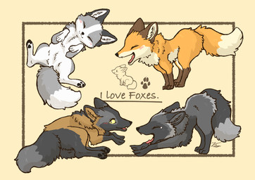 ambiguous_gender black_body black_fur black_pawpads blush brown_body brown_fur dipstick_tail eyes_closed feet feral fur grey_body grey_fur group leg_markings lying markings multicolored_body multicolored_tail on_back open_mouth orange_body orange_fur pawpads paws quadruped simple_background socks_(marking) tail tail_markings teeth text toes tongue tuft white_body white_fur yellow_eyes fusau canid canine cross_fox fox mammal platinum_fox red_fox silver_fox true_fox 2025 absurd_res english_text hi_res