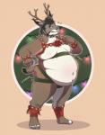 anthro antlers bell belly belly_overhang big_belly bodily_fluids christmas_lights claws clothing fake_horns flying_sweatdrops fur holidays horn jingle_bell love_handles male moobs mostly_nude navel nipples obese obese_anthro obese_male overweight overweight_anthro overweight_male solo standing sweat sweatdrop tight_clothing toe_claws white_body white_fur worried peachiesheepie christmas tach_(tach0012) felid feline lynx mammal hi_res