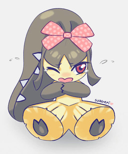 black_feet black_hair blush bodily_fluids eyelashes feet female flying_sweatdrops fur glistening glistening_eyes glistening_hair hair heart_symbol looking_at_viewer one_eye_closed open_mouth pink_ribbon red_eyes sharp_teeth simple_background sitting solo sweat sweatdrop tears teeth white_background yellow_body yellow_fur suaberi don't_attack_me_mawile nintendo pokemon generation_3_pokemon humanoid mawile pokemon_(species) 2026 full-length_portrait hi_res portrait