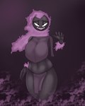 4:5 big_breasts blackbetty bottomwear breasts clothed clothing female gastly generation_1_pokemon hair hi_res humanoid loincloth looking_at_viewer nintendo not_furry open_mouth pokemon pokemon_(species) simple_background smile solo teeth thick_thighs wide_hips