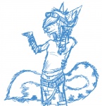 anthro belt eyewear goggles male piercing skatha solo tail zzakerhyus canid canine canis mammal wolf blue_and_white monochrome