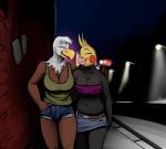 accipitrid accipitriform anthro avian bald_eagle beak big_breasts bird breasts cleavage clothed clothing cockatiel cockatoo duo eagle eyebrow_piercing eyes_closed facial_piercing female female/female hladilnik midriff night non-mammal_breasts parakeet parrot piercing sea_eagle true_parrot