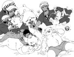 anthro belly big_belly blush bulge butt clothing duo hat headgear headwear human_on_anthro interspecies kissing lying male male/male moobs nipples overweight overweight_male tattoo underwear nekokat42 one_piece bepo_(one_piece) trafalgar_law bear human mammal minkmen_(one_piece) polar_bear ursine 2023 hi_res monochrome