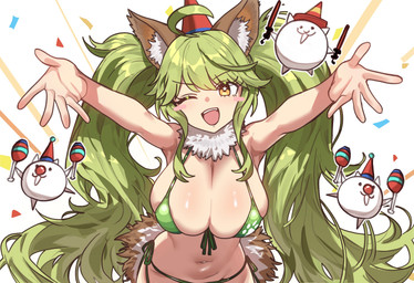 5_fingers :3 ahoge ambiguous_feral ambiguous_gender bangs big_breasts bikini bikini_bottom bikini_top biped blush bottomwear breasts brown_ears brown_tail cleavage clothed clothing clown_nose confetti dot_eyes eyebrows eyelashes fangs female feral fingers floating fluffy fluffy_tail fool's_hat footprint fur green_bikini_bottom green_bikini_top green_bottomwear green_clothing green_hair green_topwear group hair happy hat headgear headwear holding_light_stick holding_maraca humanoid_focus inner_ear_fluff larger_female larger_humanoid light_stick long_bangs long_hair looking_at_viewer maraca mature_female mature_humanoid messy_hair musical_instrument navel neck_tuft one_eye_closed open_mouth open_smile pawprint percussion_instrument pigtails pointy_ears pose simple_background simple_eyes size_difference skindentation smaller_ambiguous smaller_feral smile solo_focus star star_pupils swimwear tail teeth teeth_showing tied_hair topwear traffic_cone translucent translucent_hair tuft twintails_(hairstyle) two-piece_swimsuit two_tone_tail white_body white_fur white_inner_ear_fluff white_tail wide_hips wink winking_at_viewer yellow_eyes ebora ponos_corp. the_battle_cats basic_cat deale animal_humanoid canid canid_humanoid canine canine_humanoid domestic_cat felid feline felis humanoid mammal mammal_humanoid wolf_humanoid 2025 absurd_res colored digital_drawing_(artwork) digital_media_(artwork) hi_res portrait shaded three-quarter_portrait