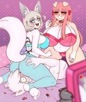 big_breasts blush breasts bulge butt candy clothing dessert feet female food fur hair huge_breasts lingerie pillow pink_hair recording ring scar slightly_chubby smile tail tattoo white_body white_fur razplus lhara_aaruna lucille_lilac raz_rodriguez canid canine canis domestic_dog fox jackal mammal hi_res