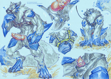 animal_genitalia anthro balls big_tail bodily_fluids genital_fluids genitals half-erect halter harness knot knotted_penis leash male muzzle_(object) penile_spines penis precum ribbed_penis scales service_top service_top_harness sheath solo spikes tail ket-dawnatsunset wolfen_(wolfen) canid canine canis hybrid mammal wolf absurd_res hi_res
