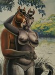 2019 anthro big_breasts black_body black_breasts black_fur black_hair black_mane black_nipples black_nose breasts brown_body brown_eyes brown_fur day duo embrace equid equine female forest forest_background fur genitals hair happy hi_res horse hug hugging_from_behind humanoid_genitalia humanoid_pussy innie_pussy interlocked_fingers lake male male/female mammal mane monotone_genitals nature nature_background nipples nude outside pink_nose plant pond pussy signature siyah smile swamp traditional_media_(artwork) tree water white_body white_fur