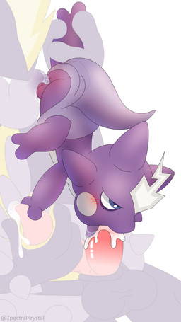 2_penises animal_genitalia animal_penis anthro anthro_on_anthro anus backsack balls blue_eyes blush bodily_fluids butt cum cum_drip cum_in_mouth cum_inside cum_on_tongue dripping drooling duo erection fellatio female feral genital_fluids genitals half-closed_eyes hand_on_leg head_crest hemipenes holding_object humanoid_genitalia humanoid_penis interspecies legs_up lightning_bolt male male/female male_anthro multi_genitalia multi_penis narrowed_eyes open_mouth oral penile penis penis_in_mouth purple_body purple_skin saliva saliva_on_penis sex size_difference spiky_ears tongue tongue_out upside_down vulva young young_anthro young_male zpectralkrystal nintendo pokemon amped_toxtricity generation_8_pokemon humanoid pokemon_(species) toxel toxtricity absurd_res hi_res