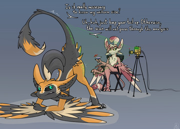 3_fingers 4_ears 4_toes admiring alcohol angry anthro ass_up beverage black_body black_claws black_finger_claws black_sclera black_toe_claws butt chair chest_tuft claws cocktail container countershading cup dialogue digitigrade director's_chair drinking_glass duo electronics feathered_wings feathers feet female fingers fur furniture glass glass_container glass_cup green_body green_eyes grey_body hair holding_beverage holding_object jack-o'_pose leg_over_thigh looking_at_another looking_back looking_back_at_another male male/female motion_lines multi_ear multicolored_body nude on_chair open_mouth orange_body orange_feathers orange_fur pink_body pink_feathers pink_fur pose presenting presenting_hindquarters pseudo_hair question_mark raised_tail scanner scanning science_fiction shaking simple_background sitting sitting_on_chair smile smug stretching tail teeth text toes tremble_spikes trembling tuft tufted_fur winged_arms wings yellow_eyes reetogoth qamito rathali avali avian bird 2023 absurd_res colored dated digital_drawing_(artwork) digital_media_(artwork) english_text hi_res signature