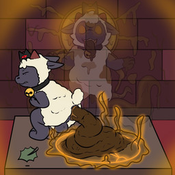 anthro anus balls bell bell_collar butt clenched_teeth collar crouching ears_down excessive_feces eyes_closed feces feces_in_mouth feces_on_body feces_on_fur feces_on_ground feces_on_hand feces_pile fur genitals glowing glowing_eyes grey_body horn hyper hyper_feces hyper_feces_pile male male_pooping occult_symbol open_mouth pentagram pivoted_ears pooping pooping_on_floor scatplay scut_tail short_tail smearing_feces solo symbol tail teeth white_body white_fur white_wool wool_(fur) yourfur cult_of_the_lamb massive_monster_(studio) lamb_(cult_of_the_lamb) red_crown_(cult_of_the_lamb) bovid caprine mammal sheep 1:1 hi_res