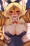 2021 alternate_version_at_source anthro bed big_breasts blonde_hair blush bow_tie breasts brown_body brown_fur chest_tuft cleavage clothed clothing cute_fangs digital_media_(artwork) facial_markings fake_ears fake_rabbit_ears fangs felid female female_anthro first_person_view fluffy fur furniture glistening glistening_hair hair head_markings hi_res high-angle_view horokusa0519 huge_breasts inner_ear_fluff kemono legwear looking_at_viewer lying mammal markings multicolored_tail on_back on_bed open_mouth orange_body orange_fur pantherine pink_nose pupils red_eyes shirt_collar slit_pupils solo spread_legs spreading stockings tail teeth tiger tongue tora-chan_(horokusa) tuft white_body white_fur