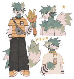anthro arm_tuft bottomwear brown_bag brown_bottomwear brown_clothing brown_jeans brown_pants clothed clothed_anthro clothed_male clothing denim denim_bottomwear denim_clothing elbow_tuft fangs footwear fully_clothed fully_clothed_anthro fully_clothed_male fur green_body green_ears green_eyelids green_fur green_hair green_tail hair holding_plant jeans male male_anthro markings mouth_closed narrowed_eyes orange_clothing orange_footwear orange_shirt orange_shoes orange_t-shirt orange_topwear pants pattern_clothing pattern_shirt pattern_topwear ring_(marking) ringed_tail shirt shoes simple_background smile solo striped_arms striped_clothing striped_markings striped_shirt striped_tail striped_topwear stripes t-shirt tail tail_markings tan_body tan_clothing tan_face tan_fur tan_shirt tan_t-shirt tan_tail tan_topwear teeth topwear tuft white_background thorn_paw felid mammal pantherine tiger 2025 digital_drawing_(artwork) digital_media_(artwork) full-length_portrait hi_res multiple_images portrait