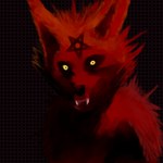 anthro black_background black_nose black_sclera creepy fur looking_at_viewer male occult_symbol pentagram prick_ears red_body red_fur sharp_teeth simple_background solo symbol teeth yellow_eyes foxstep_(artist) demon hybrid 1:1 dark_theme hi_res lineless red_theme