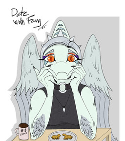 anthro beverage biped black_clothing black_topwear bone bone_frill breasts chicken_meat chicken_nugget claws clothed clothed_anthro clothed_female clothing coffee container cup elbow_feathers feathered_wings feathers female finger_claws fingers food frill_(anatomy) front_view fully_clothed grey_background grey_body grey_feathers grey_hair hair humanoid_hands jewelry long_hair looking_at_viewer markings meat medium_breasts mug necklace non-mammal_breasts orange_eyes plate simple_background sitting skull smile solo striped_markings stripes text topwear wings lorikani cavemanon_studios goodbye_volcano_high ko_op_(game_developer) snoot_game fang_(gvh) prehistoric_species pterosaur reptile scalie 2025 artist_name colored digital_media_(artwork) english_text half-length_portrait hi_res portrait