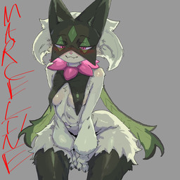 anthro blush female fur green_body green_fur grey_background pink_eyes simple_background sitting solo mariry01 nintendo pokemon generation_9_pokemon meowscarada pokemon_(species) 1:1 hi_res
