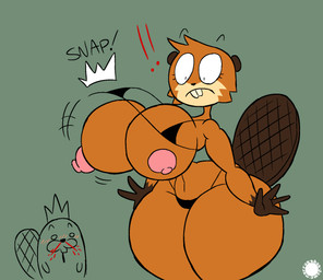 4_fingers anthro bar_emanata big_breasts blood blush blush_lines bodily_fluids breasts brown_body brown_fur buckteeth cheek_tuft countershade_face countershade_hands countershading crossbar_emanata crown curvy_figure emanata exclamation_point eyelashes facial_tuft female fingers flash_emanata flat_tail fur head_tuft headgear logo looking_at_breasts looking_at_own_breasts looking_at_self male navel nipples nosebleed onomatopoeia sound_effects spherical_breasts teeth text thick_thighs tuft wide_hips thatdawgmurray disney hoppers_(disney) pixar king_george_(hoppers) mabel_tanaka beaver mammal rodent aliasing artist_logo artist_name digital_media_(artwork) hi_res signature