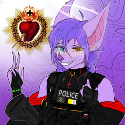 anthro cross ear_piercing ear_ring eyewear female glasses gore gun heart_symbol heterochromia melee_weapon piercing polearm police ranged_weapon ring ring_piercing solo spear weapon wreath cathcryptid417 bat mammal hi_res