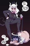 big_butt black_clothing black_hair blush blush_lines boots breasts butt clothed clothing dialogue dominant dominant_female duo eyelashes female female/female female_dominating_female footwear hair high_heeled_boots high_heels not_furry panties red_eyes shoes smile spade_tail stepped_on suit tail tail_pull text underwear white_hair white_sclera unyin helltaker azazel_(helltaker) lucifer_(helltaker) demon demon_humanoid humanoid hi_res