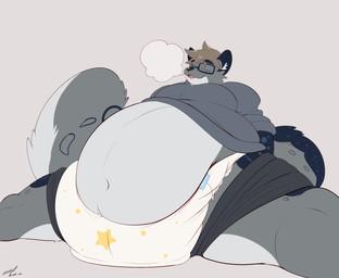 anthro belly belly_overhang bottomwear bottomwear_down clean_diaper clothed clothing diaper eyes_closed eyewear glasses hoodie male overweight pants pants_down partially_clothed print_diaper shorts sighing sitting solo spread_legs spreading topwear steelshark felid mammal pantherine snow_leopard hi_res