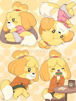 anthro blush blush_stickers burger female food fur multiple_poses pose simple_background solo yellow_body yellow_fur tanukino_mono animal_crossing nintendo isabelle_(animal_crossing) canid canine canis domestic_dog mammal shih_tzu toy_dog 3:4 hi_res