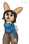 anthro blue_clothing blue_sweater blue_topwear bottomwear breasts brown_body brown_bottomwear brown_clothing brown_eyes brown_fur brown_pants clothing curvy_figure dark_hair eyelashes female fur long_ears neckfluff pants simple_background solo sweater text thick_thighs topwear white_background guak nintendo pokemon eevee generation_1_pokemon pokemon_(species) hi_res