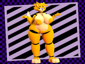 3_toes 4_fingers anthro areola big_areola big_breasts blonde_hair breasts casual_nudity checkered checkered_background eyelashes feet female fingers front_view genitals hair huge_areola huge_breasts huge_hips innie_vulva looking_at_viewer machine nipple_dip nipples pattern_background plump_labia purple_eyes short_hair simple_background solo standing striped_background tail thick_thighs toes vulva wide_hips yellow_areola yellow_body yellow_nipples sanco_(artist) sanco_(modeler) sanca_(sanco) animatronic canid canine fox mammal robot robot_anthro 3d_(artwork) 4:3 digital_media_(artwork) full-length_portrait portrait