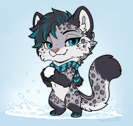 ambiguous_gender anthro big_head cheek_tuft chibi clothing cold_weather cozy_scarf digitigrade facial_tuft feline_chibi fluffy fluffy_tail pattern_clothing pattern_scarf playful playful_pose scarf smile smirk snow snowball snowball_fight solo standing striped_clothing striped_scarf stripes tail tuft winter winter_fun winter_vibes naughtystray ice_in_summer_(sftsl) felid feline mammal pantherine snow_leopard colored digital_drawing_(artwork) digital_media_(artwork)