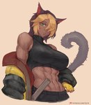 abs big_breasts breasts clothing crop_top deltoids female green_eyes hair hair_over_eye jacket markings midriff multicolored_hair muscular muscular_female nipple_outline shirt solo tail tan_body tan_skin text topwear whisker_markings tezy8 animal_humanoid cat_humanoid felid felid_humanoid feline feline_humanoid humanoid mammal mammal_humanoid 2025 absurd_res hi_res url