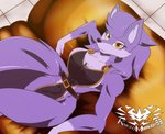 anthro breasts claws clothed clothing detailed_background female fluffy fluffy_tail fur multicolored_body multicolored_fur partially_clothed purple_body purple_fur sitting smile solo tail two_tone_body two_tone_fur knightmoonlight98 lucy_(cooliehigh) canid canine canis mammal wolf