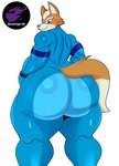 anthro back_muscles biceps big_butt blue_bodysuit blue_clothing blue_skinsuit bodysuit butt clothing fur glistening glistening_clothing green_eyes huge_butt huge_thighs logo looking_at_viewer looking_back male muscular muscular_anthro muscular_male simple_background skinsuit smile solo standing tail tail_aside tan_body tan_fur thick_thighs tight_clothing white_background white_body white_fur wide_hips zero_suit berettiger26 metroid nintendo star_fox fox_mccloud canid canine fox mammal artist_logo artist_name hi_res