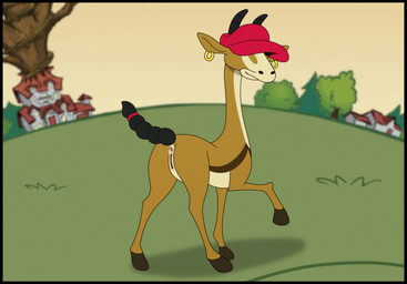 after_transformation alternate_species anus butt clothing ear_piercing ear_ring female feral genitals hair hat headgear headwear horn innie_vulva long_neck looking_at_viewer looking_back obscured_eyes on_model piercing ponytail presenting presenting_hindquarters raised_leg raised_tail red_clothing red_hat red_headwear ring_piercing smile smirk solo tail tree_house vulva kaion cartoon_network codename:_kids_next_door abigail_lincoln numbuh_5 antelope bovid gazelle mammal thomson's_gazelle true_antelope hi_res