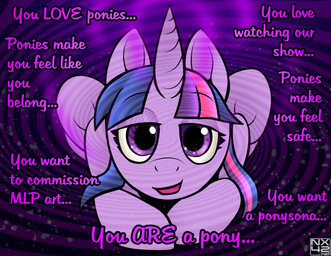 breaking_the_fourth_wall female feral horn hypnosis looking_at_viewer mind_control purple_body purple_eyes solo spiral text wings nx-42 friendship_is_magic hasbro my_little_pony mythology twilight_sparkle_(mlp) equid equine mammal mythological_creature mythological_equine winged_unicorn absurd_res english_text hi_res