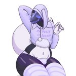 anthro big_butt big_tail bulge bunny_hood butt clothed clothing embarrassed fur machine male navel simple_background smile solo tail text thick_thighs topwear underwear h0t_melon bazoodlez_(smecso) protogen 1:1 hi_res