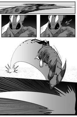 ambiguous_feral ambiguous_gender anthro biped black_sclera bunny_costume clothed clothed_feral clothing costume duo female female_anthro feral fight quadruped wounded cuchuflin nintendo pokemon generation_4_pokemon generation_5_pokemon lopunny pokemon_(species) scolipede 2026 absurd_res comic digital_drawing_(artwork) digital_media_(artwork) greyscale hi_res monochrome male_(lore)