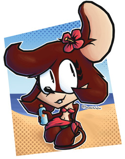 anthro beach bent_legs big_ears big_eyes bikini blue_sky breasts brown_body brown_fur buckteeth clothed clothing day dotted_background ears_down eyelashes feet female female_anthro fur hair happy holding_object kneeling looking_up navel outside pattern_background pivoted_ears red_bikini red_clothing red_swimwear relaxing sand seaside simple_background sitting skimpy sky smile snout solo sunscreen swimwear tail teeth thick_thighs thin_tail two-piece_swimsuit water white_background wide_hips smellslikebuter maria_o'brown mammal mouse murid murine rodent digital_media_(artwork) hi_res signature
