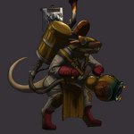 anthro apron armor banner boots brown_body brown_fur clothing fire flamethrower footwear fuel_tank fur gloves handwear harness leather leather_clothing leather_gloves leather_handwear male mask nozzle ranged_weapon shoes smile solo standing weapon oniontrain warhammer_(franchise) warhammer_fantasy mammal murid murine rat rodent skaven hi_res