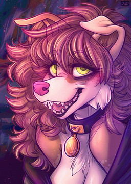 anthro big_breasts breasts cleavage clothed clothing collar female hair looking_at_viewer messy_hair sharp_teeth solo teeth yellow_eyes dimwitdog dimmi_(dimwitdog) border_collie canid canine canis collie domestic_dog herding_dog mammal pastoral_dog sheepdog 2023 absurd_res digital_media_(artwork) hi_res