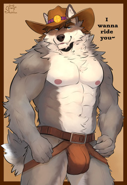 anthro areola barazoku biped blue_eyes body_hair chest_tuft clothed clothing cowboy cowboy_hat dialogue fingers front_view fur furgonomics grey_body grey_fur happy_trail hat headgear headwear humanoid_hands inner_ear_fluff jockstrap logo looking_at_viewer male muscular muscular_anthro muscular_male navel neck_tuft nipples pecs pose pubes seductive simple_background smile snaggle_tooth solo standing tail talking_to_viewer text topless topless_anthro topless_male tuft underwear white_body white_fur moshihun canid canine canis mammal wolf 2025 absurd_res artist_logo artist_name colored english_text hi_res pinup portrait three-quarter_portrait