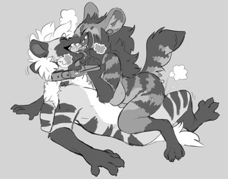 anthro anthro_on_anthro bodily_fluids breasts breath collar cowgirl_position dominant dominant_female duo eyes_closed female french_kissing from_front_position fur hair kissing leash leash_pull leashed_top male male/female nude on_bottom on_top open_mouth panting power_bottom sex smile submissive submissive_male sweat paperclip_(artist) canid canine mammal monochrome