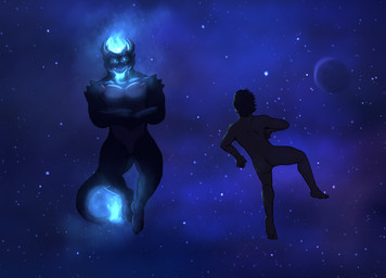 anthro balls barely_visible_balls barely_visible_genitalia duo fire flaming_beard flaming_hair flaming_tail floating front_view genitals horn male male_anthro male_human nude_male pseudo_hair rear_view space star tail paintfox adastra adastra_(series) echo_project marco_(adastra) monitor_(adastra) human lizard mammal monitor_lizard reptile scalie 2023 hi_res