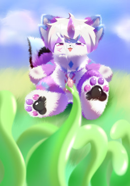 anthro blue_body blue_fur bodily_fluids cum cum_on_face cumshot ejaculation front_view fur genital_fluids genitals grass horn male multicolored_body multicolored_fur penis plant purple_body purple_eyes red_body red_fur solo white_body white_fur shiningcanc hi_res