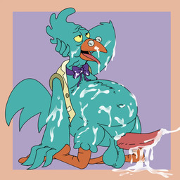 age_difference anthro balls beak belly big_belly blue_body blue_feathers bodily_fluids bow_tie clothing cum cum_everywhere cum_on_penis cum_on_self cumshot ejaculation eyewear feathers genital_fluids genitals kneeling male messy older_male penis solo tail tail_feathers bob-jiggles comedy_central futurama hyper-chicken_(futurama) alien avian bird chicken galliform phasianid hi_res