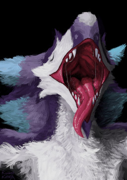 anthro bodily_fluids drooling eyes_closed fangs fur male mouth_shot nude open_mouth purple_body purple_fur saliva saliva_string sharp_teeth simple_background smile solo stretching teeth tongue tongue_out white_body white_fur yawn ruimtekroeg mammal sergal absurd_res colored digital_drawing_(artwork) digital_media_(artwork) hi_res portrait shaded signature